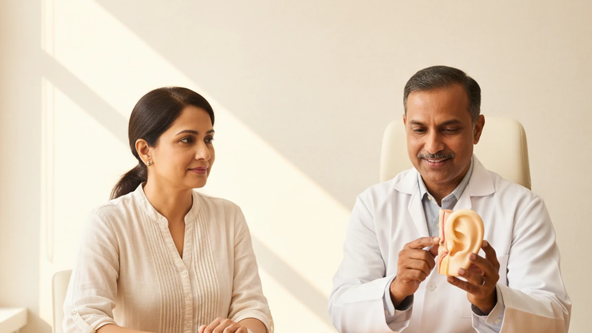 ENT surgeon examining a patient's ear before tympanoplasty surgery at THANC Hospital, Chennai
